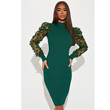 Mesh Patchwork Long Sleeve Half High Collar Pencil Dress ASL-6620