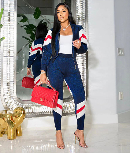 Stripe Patchwork Sporty Jacket Pencil Pants Outfits SH-390433