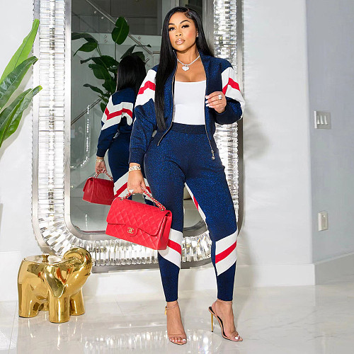 Stripe Patchwork Sporty Jacket Pencil Pants Outfits SH-390433