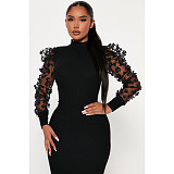 Mesh Patchwork Long Sleeve Half High Collar Pencil Dress ASL-6620