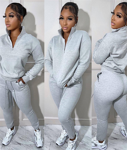 Zipper Stand Collar Pullover Sweatshirt and Pants Set HMS-5561