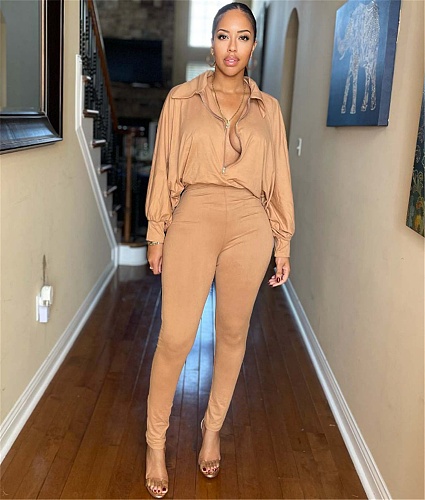 Casual Solid Color Front Zipper One Piece Jumpsuit FNN-8694