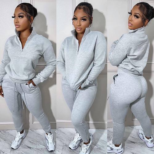 Zipper Stand Collar Pullover Sweatshirt and Pants Set HMS-5561
