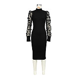Mesh Patchwork Long Sleeve Half High Collar Pencil Dress ASL-6620