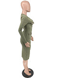 Ribbed Knitting Long Sleeve Single-breasted Midi Dress YH-5281