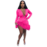 Faux Fur Hem Deep V Long Sleeve Party Dresses YNS-1870