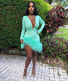 Faux Fur Hem Deep V Long Sleeve Party Dresses YNS-1870