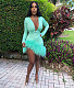 Faux Fur Hem Deep V Long Sleeve Party Dresses YNS-1870