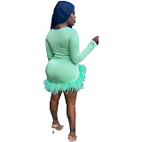 Faux Fur Hem Deep V Long Sleeve Party Dresses YNS-1870