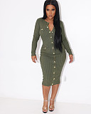 Ribbed Knitting Long Sleeve Single-breasted Midi Dress YH-5281