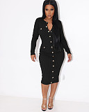 Ribbed Knitting Long Sleeve Single-breasted Midi Dress YH-5281