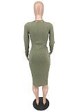 Ribbed Knitting Long Sleeve Single-breasted Midi Dress YH-5281