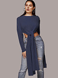 O Neck Solid Split Cross Bandage Knitted Sweaters FSX-75