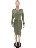 Ribbed Knitting Long Sleeve Single-breasted Midi Dress YH-5281
