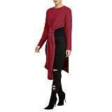 O Neck Solid Split Cross Bandage Knitted Sweaters FSX-75