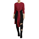 O Neck Solid Split Cross Bandage Knitted Sweaters FSX-75