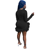 Faux Fur Hem Deep V Long Sleeve Party Dresses YNS-1870