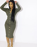 Ribbed Knitting Long Sleeve Single-breasted Midi Dress YH-5281