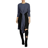 O Neck Solid Split Cross Bandage Knitted Sweaters FSX-75