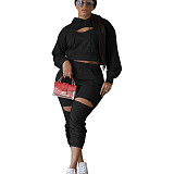 Cut Out Hoodies Sweatshirt Pencil Pants Two Piece Set TE-4496
