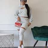 Cut Out Hoodies Sweatshirt Pencil Pants Two Piece Set TE-4496