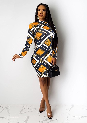 Full Print Long Sleeve O Neck Bodycon Dresses QZX-6269