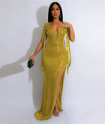 Sexy Backless Sequined Tassel High Slit Party Dress NY-2603