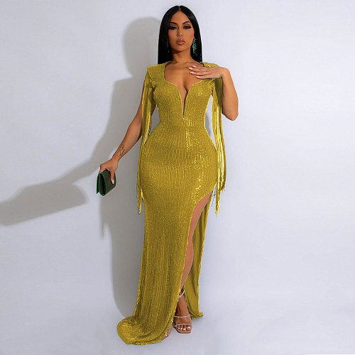 Sexy Backless Sequined Tassel High Slit Party Dress NY-2603