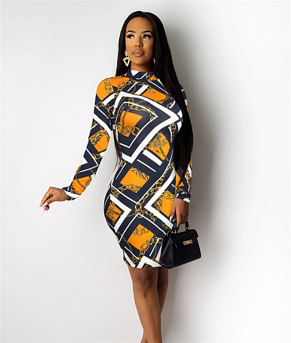 Full Print Long Sleeve O Neck Bodycon Dresses QZX-6269