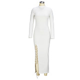 Elegant Turtleneck Long Sleeve Slit Lace Up Knit Dresses JLY-19486
