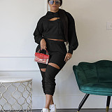 Cut Out Hoodies Sweatshirt Pencil Pants Two Piece Set TE-4496