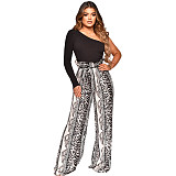 Single Shoulder Patchwork Lace Up Wide Leg Jumpsuits ASL-6625