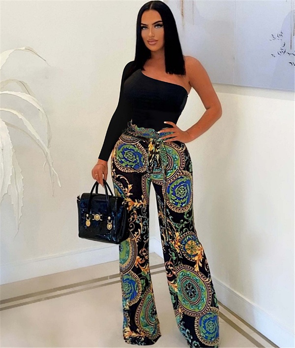 Single Shoulder Patchwork Lace Up Wide Leg Jumpsuits ASL-6625