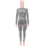 Geometric Long Sleeve Crop Top Skinny Pants Outfits SH-390435