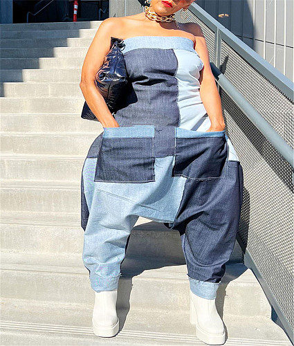 Faux Denim Color Block Patchwork Strapless Jumpsuit MK-3140