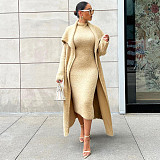 Plush Dress Long Sleeves Cardigan Coat 2 Piece Outfits JLY-19484