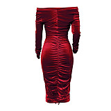 Velvet Drawstring Ruched Off Shoulder Sexy Dresses HANI-TTDD002