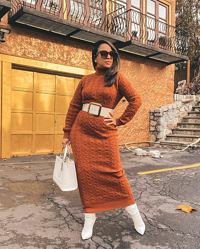 Turtleneck Long Sleeve Twist Knitted Sweater Dress TR-1236