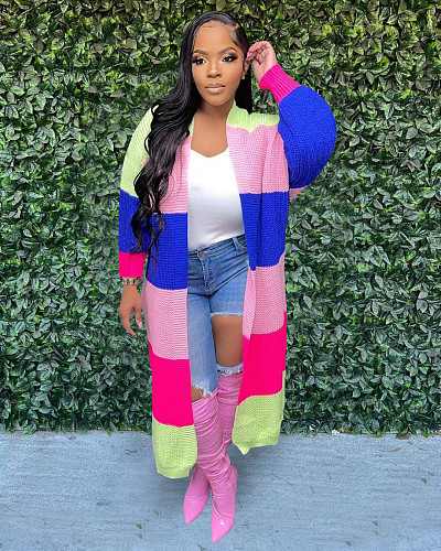 Color Block Open Front Loose Knit Sweater Cardigan TR-1235