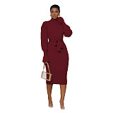 Elegant Turtleneck Knitted Sweater Dress with Belt TR-1237