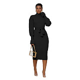 Elegant Turtleneck Knitted Sweater Dress with Belt TR-1237