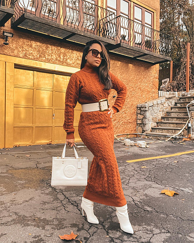 Turtleneck Long Sleeve Twist Knitted Sweater Dress TR-1236