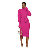 Elegant Turtleneck Knitted Sweater Dress with Belt TR-1237