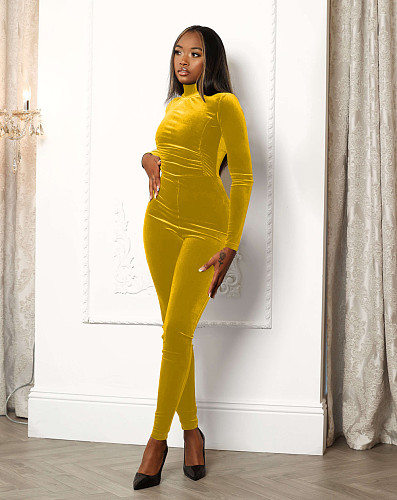 Velvet Long Sleeve Turtleneck Bodycon Jumpsuit YD-8679