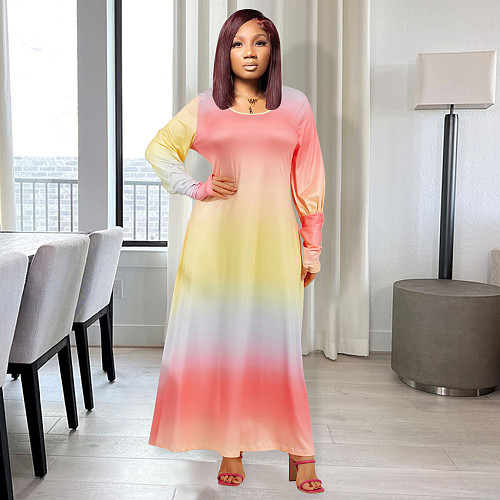 Gradient Color Lantern Sleeve Loose Plus Size Dress JLY-19496