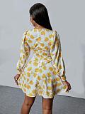 Leaves Print V Neck Long Sleeve Plus Size Dresses TB-5621