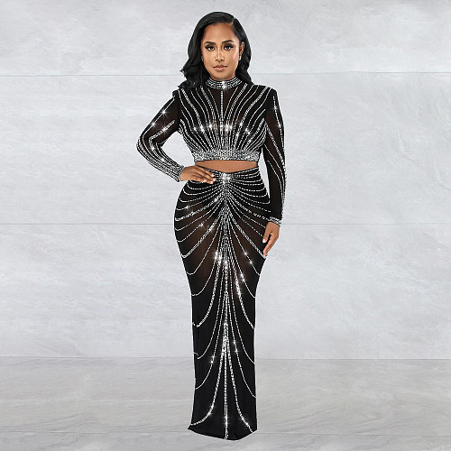 Sexy Clubwear Mesh Hot Drilling See Through Skirts Set BY-6028