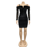 Mesh Velvet Patchwork Off Shoulder Party Dresses BY-6080