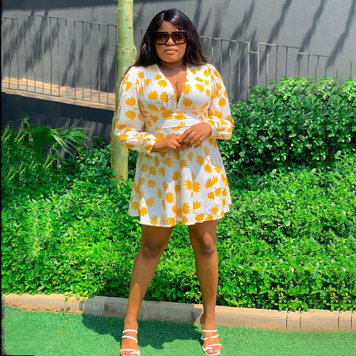 Leaves Print V Neck Long Sleeve Plus Size Dresses TB-5621