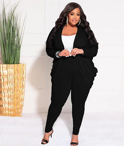 Plus Size Solid Cardigan Pencil Pants Two Piece Sets JLY-19495